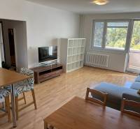 3-izb. byt, Palkovičova ul., Ružinov, lodžia, 4.p./12 - Obývačka 3-izbového bytu s podlahou s dreveným dekorom, televízorom a balkónom.