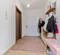 Novostavba 3-izb. bytu s parkovacím státím, ul.Hany Ponickej, Lamač - Chodba s vešiakmi a ružovým kobercom v 3-izbovom byte s podlahou s dreveným dekorom.