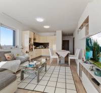 Novostavba 3-izb. bytu s parkovacím státím, ul.Hany Ponickej, Lamač - Obývacia izba v 3-izbovom byte s pohovkou, kuchynským kútom a podlahou s dreveným dekorom.