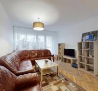 Priestranný 3 izbový byt s dvomi balkónmi, BA III. Kramáre, Stromová - Obývacia izba s koženou sedačkou, televízorom a podlahou s dreveným dekorom v 3-izbovom byte.