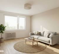 NA PREDAJ 1-IZB. BYT (28m2), BRATISLAVSKÁ UL., HOLÍČ - Obývačka v 1-izbovom byte s pohovkou, drevený dekor podlahy a veľkým oknom.