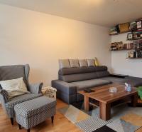 Predaj 2i byt v meste Kremnica, 64m2 - Obývačka so sedačkou, stoličkou a regálmi na knihy v 2-izbovom byte.