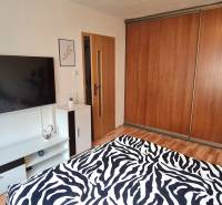 Predaj 2i byt v meste Kremnica, 64m2 - Spálňa v 1-izbovom byte s veľkou skriňou, televízorom a posteľou so zebrovou prikrývkou.