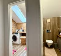 Rodinný dom v Bratislave – Podunajské Biskupice - Interiér rodinného domu: kúpeľňa s práčkou, toaleta, drevený dekor obkladu.