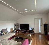 Rodinný dom v Bratislave – Podunajské Biskupice - Obývacia izba v rodinnom dome s podlahou s dreveným dekorom a pohodlnou sedačkou.