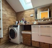 Rodinný dom v Bratislave – Podunajské Biskupice - Kúpeľňa rodinného domu s umývadlom, práčkou, košom a podlahou s dreveným dekorom.