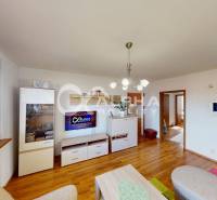 EXKLUZÍVNE 3i byt s loggiou, Spišské Podhradie - Obývacia izba 3-izbového bytu s podlahou s dreveným dekorom a svetlým nábytkom.