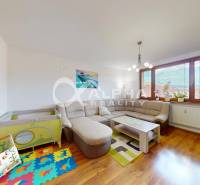 EXKLUZÍVNE 3i byt s loggiou, Spišské Podhradie - Obývacia izba v 3-izbovom byte s pohovkou, detským kútikom a podlahou s dreveným dekorom.