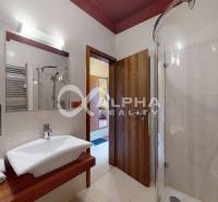 EXKLUZÍVNE 2i apartmán s terasou, garážovým státím, Veľká Lomnica - Kúpeľňa s umývadlom, sprchovacím kútom a drevenou dekoráciou v 2-izbovom byte.