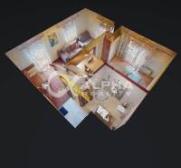 EXKLUZÍVNE 2i apartmán s terasou, garážovým státím, Veľká Lomnica - 3D pôdorys interiéru 2-izbového bytu s pohovkou a kúpeľňou.