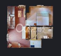 EXKLUZÍVNE 2i apartmán s terasou, garážovým státím, Veľká Lomnica - Pôdorys zobrazuje rozloženie 2-izbového bytu s obývačkou, spálňou a kúpeľňou.