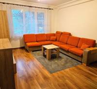Prenájom pekný 3 izbový byt, Haburská ulica, Bratislava II. Ružinov - Obývacia izba s oranžovým gaučom a podlahou s dreveným dekorom v 3-izbovom byte.