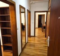 Prenájom pekný 3 izbový byt, Haburská ulica, Bratislava II. Ružinov - Chodba s podlahou s dreveným dekorom v 3-izbovom byte, vstavané skrine a zrkadlo.