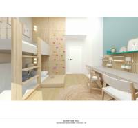 NA PREDAJ 5i rekreačný RD | Pekná cesta | Lesopark Rača  - Detská izba s poschodovou posteľou, lezeckou stenou a podlahou s dreveným dekorom v rodinnom dome.