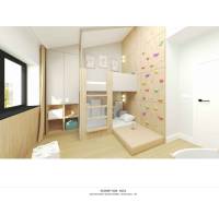 NA PREDAJ 5i rekreačný RD | Pekná cesta | Lesopark Rača  - Detská izba s poschodovou posteľou, lezeckou stenou a podlahou s dreveným dekorom v rodinnom dome.