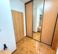 Na predaj – svetlý 2-izbový byt s loggiou a garážou | Bratislava - Chodba 2-izbového bytu s veľkým zrkadlovým šatníkom a podlahou s dreveným dekorom.