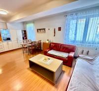 Na predaj – svetlý 2-izbový byt s loggiou a garážou | Bratislava - Obývacia izba v 2-izbovom byte s kuchynským kútom a podlahou s dreveným dekorom.