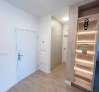 Na prenájom kompletne zariadený 2i byt s parkingom, Nový Ružinov - Vstupná hala 2-izbového bytu s podlahou s dreveným dekorom a osvetlenými policami.