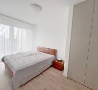 Na prenájom kompletne zariadený 2i byt s parkingom, Nový Ružinov - Spálňa v 2-izbovom byte s posteľou, šatníkom a podlahou s dreveným dekorom.