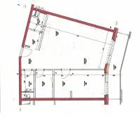 Na prenájom kompletne zariadený 2i byt s parkingom, Nový Ružinov - Pôdorys znázorňuje dispozíciu 2-izbového bytu s označenými stenami a dverami.