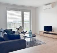 Na prenájom kompletne zariadený 2i byt s parkingom, Nový Ružinov - Obývacia izba v 2-izbovom byte s podlahou s dreveným dekorom a pohovkou.