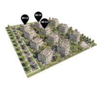 Na predaj 3-izbový byt s balkónom - B4 - Vizualizácia obytného komplexu s viacerými budovami v Bratislave - Rača, označené BD C2, C3, C4.