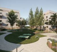 Na predaj 3-izbový byt s balkónom - B4 - Záhrada s upravenými chodníkmi a modernými bytovými domami, ideálna pre pohodlné bývanie.