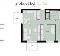 Na predaj 3-izbový byt s balkónom - D4 - Pôdorys ukazuje 3-izbový byt so 74,53 m² plochou a balkónom.