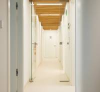 Kompletne zariadená ambulancia, Záhorská Bystrica - Chodba s dreveným stropom a sklenými dverami v obchodných priestoroch na Kunovskej.