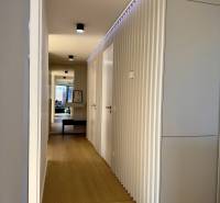 Prenájom 3-izbový byt s loggiou, SKY PARK, Bratislava - Úzka chodba v 3-izbovom byte s podlahou s dreveným dekorom a bielymi stenami.