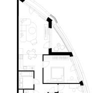 Prenájom 3-izbový byt s loggiou, SKY PARK, Bratislava - Pôdorys 3-izbového bytu s obývačkou, kuchyňou, spálňou a kúpeľňou.
