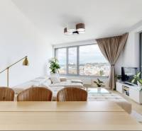 Prenájom 3-izbový byt s terasou, SKY PARK, Bratislava - Obývačka 3-izbového bytu so svetlou sedacou súpravou, veľkými oknami a výhľadom na mesto.