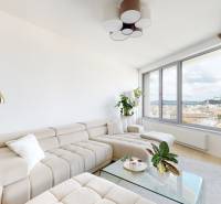 Prenájom 3-izbový byt s terasou, SKY PARK, Bratislava - Svetlá obývačka v 3-izbovom byte s pohovkou a výhľadom na Bratislava - Staré Mesto.