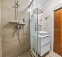 Ponúkame na predaj 3-izb.byt Vígľašská ul., Bratislava - Petržalka. - Kúpeľňa v 3-izbovom byte s obkladačkami, sprchovým kútom a moderným umývadlom.