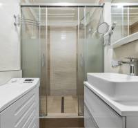 Ponúkame na predaj 3-izb.byt Vígľašská ul., Bratislava - Petržalka. - Kúpeľňa 3-izbového bytu s umývadlom, sprchovým kútom, práčkou a svetlými obkladmi.