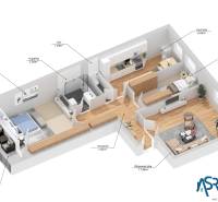 Ponúkame na predaj 3-izb.byt Vígľašská ul., Bratislava - Petržalka. - Pôdorys 3-izbového bytu s podlahou s dreveným dekorom a rozložením izieb.
