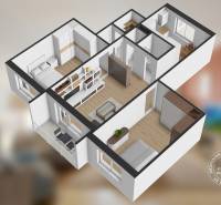 3-izbový byt S GARÁŽOU, Podolínec, ulica Družstevná - Pôdorys zobrazuje 3-izbový byt s podlahou s dreveným dekorom a balkónom.