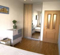 Novostavba s parkovaním 2 izbový byt, Jégeho ulica, BA II. Ružinov - Spálňa so vstavanou skriňou, drevený dekor podlahy, skrinka, posteľ, luster, rastlina.