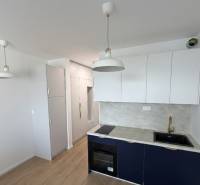 Garzónka v novostavbe AGÁTY, ul. Agátova, Dúbravka, lodžia  - Kuchyňa garsónky so svetlými skrinkami, sivou pracovnou doskou a podlahou s dreveným dekorom.