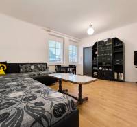 | 2i byt v rodinnom dome | 65 m | Bratislavská | Záhorská B. - Obývacia izba v rodinnom dome s pohovkou, poličkami, televízorom a podlahou s dreveným dekorom.