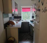 Útulný rodinný dom v tichej obci Hont, Maďarsko - Úzka kuchyňa s čiernobielymi skrinkami a veľkou bielou chladničkou v rodinnom dome.