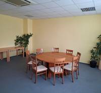 TOP CENA: Administratíva 420m2, Dúbravka - Kancelárie s okrúhlym stolom, šiestimi stoličkami, modrým kobercom a rastlinami.