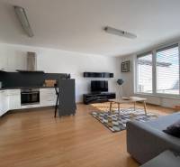 Prenájom 2 izbový 78 m2 + 30 m2 terasa,novostavba Koliba,zariadený - Obývacia izba 2-izbového bytu s podlahou s dreveným dekorom, kuchyňou a oknami.