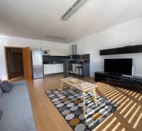 Prenájom 2 izbový 78 m2 + 30 m2 terasa,novostavba Koliba,zariadený - Obývacia izba s kuchynským kútom v 2-izbovom byte, podlaha s dreveným dekorom, svetlý interiér.