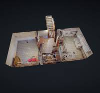 Rodinný dom Zvolen - Lieskovec - Interiér rodinného domu s kachličkovou podlahou, kuchyňou a schodiskom.