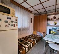 ‼️BRODZANY - ZÁHRADA S MUROVANOU CHATKOU NA PREDAJ, okr. PARTIZÁNSKE‼️ - Malá kuchyňa na chate s ladením do dreveného dekoru, jedálenským stolom a chladničkou.