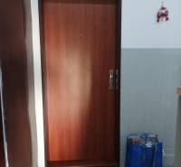 1-izb. byt, Pezinok - Sever, ul. Suvorovova - Drevené dvere vedúce do 1-izbového bytu so vstupnou rohožkou.