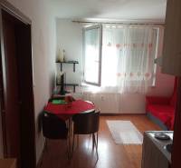 1-izb. byt, Pezinok - Sever, ul. Suvorovova - Obývacia časť 1-izbového bytu s podlahou s dreveným dekorom, stolom a stoličkami.