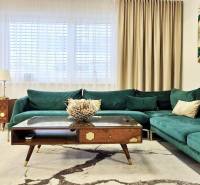 - KRÁTKODOBÝ PRENÁJOM - RODINNÝ DOM - 105 m2 - ROVINKA - Rodinný dom s pohovkou v zelenom odtieni, drevený nábytok a umenie na stene.