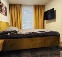 - KRÁTKODOBÝ PRENÁJOM - RODINNÝ DOM - 105 m2 - ROVINKA - Spálňa v rodinnom dome s posteľou, nočný stolík, TV a závesmi.